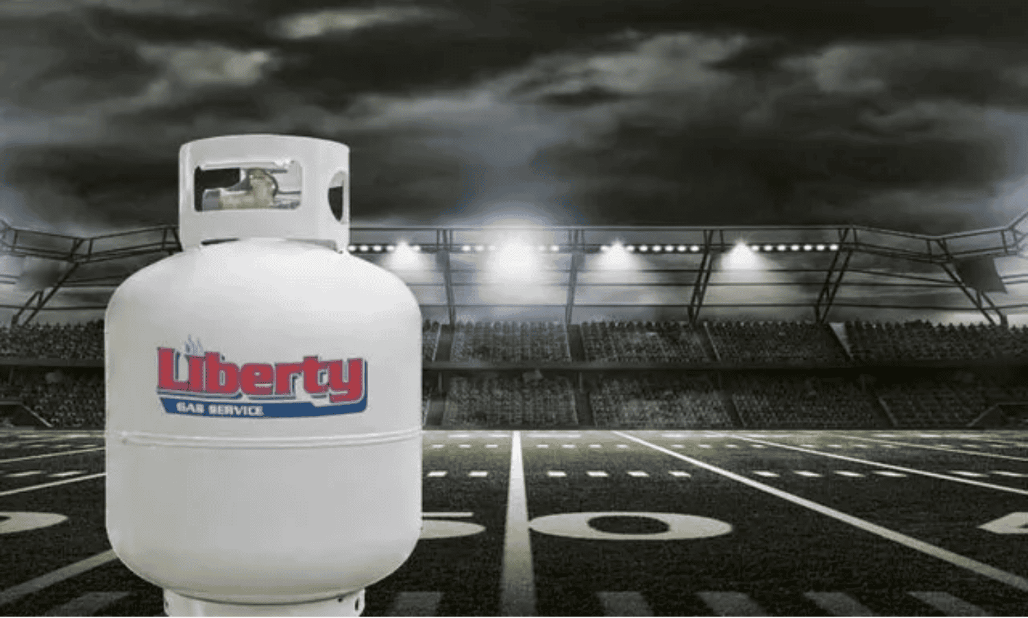 propane tank and football field graphic with liberty gas logo.
