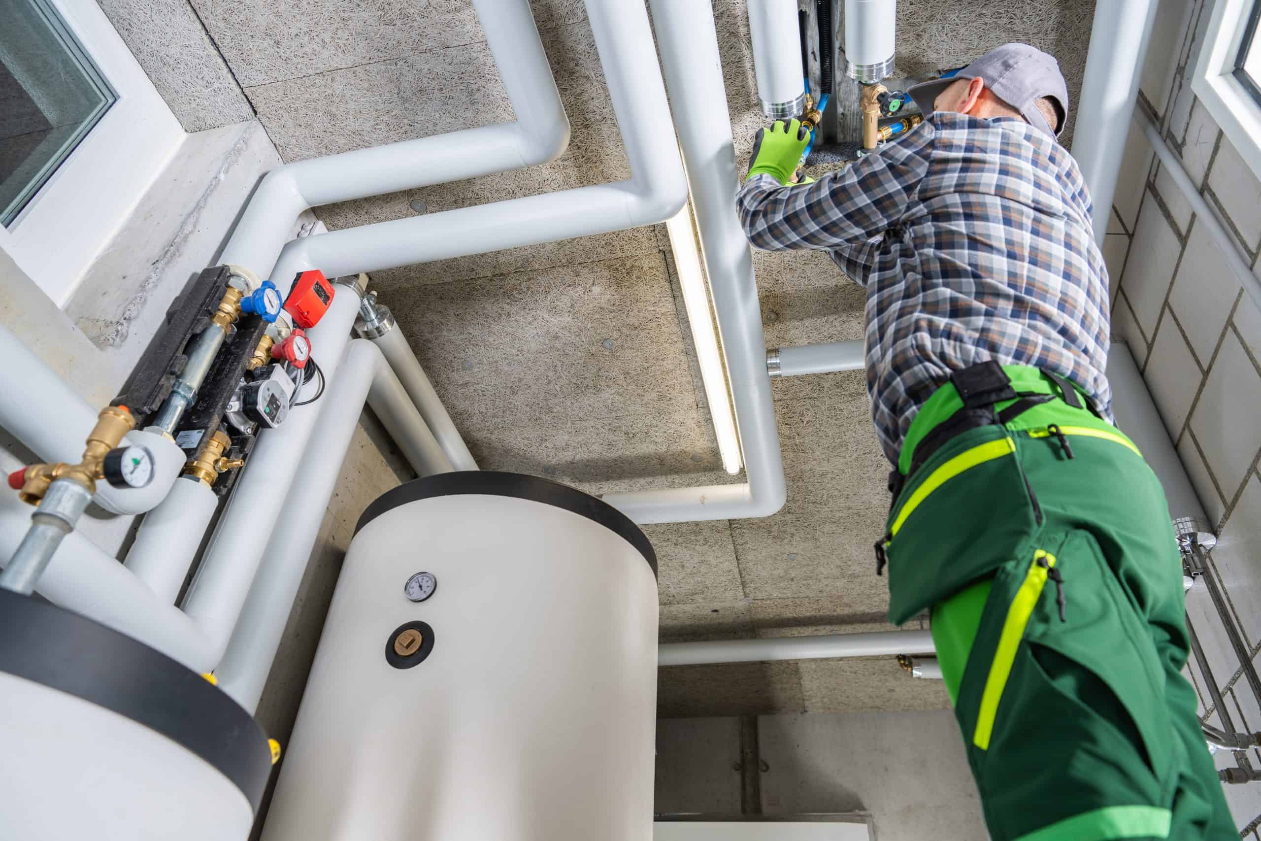 A plumber in green work pants and gloves fixes pipes on a ceiling in a utility room with a large water heater, various pipes, and propane services equipment.